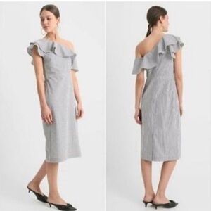 Banana Republic Womens Sz 6 Seersucker One Shoulder Midi Sheath‎ Dress Blue